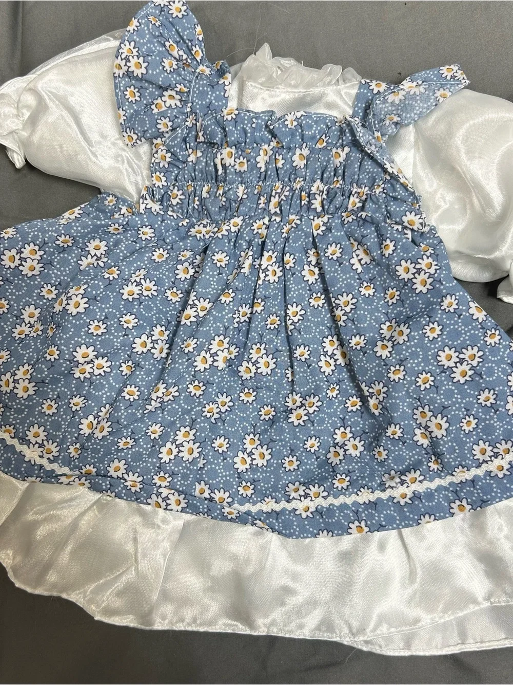 Vintage Doll Dress Unbranded Blue Daisy Print Touch Fastener Baby Dress Ruffle